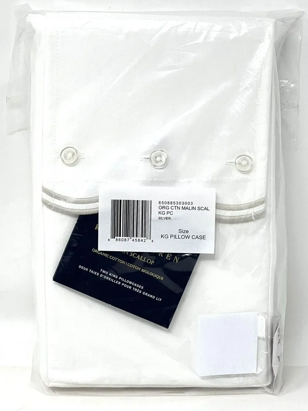 Ralph Lauren Malin Scallop KING PILLOWCASES Silver White Organic Cotton NWT Pair